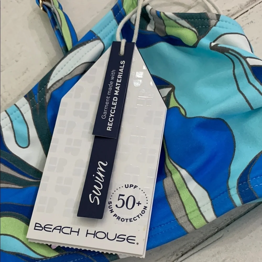 Beach House Blue Green Tropical Leaf Bikini Top SPF 50 NWT Medium